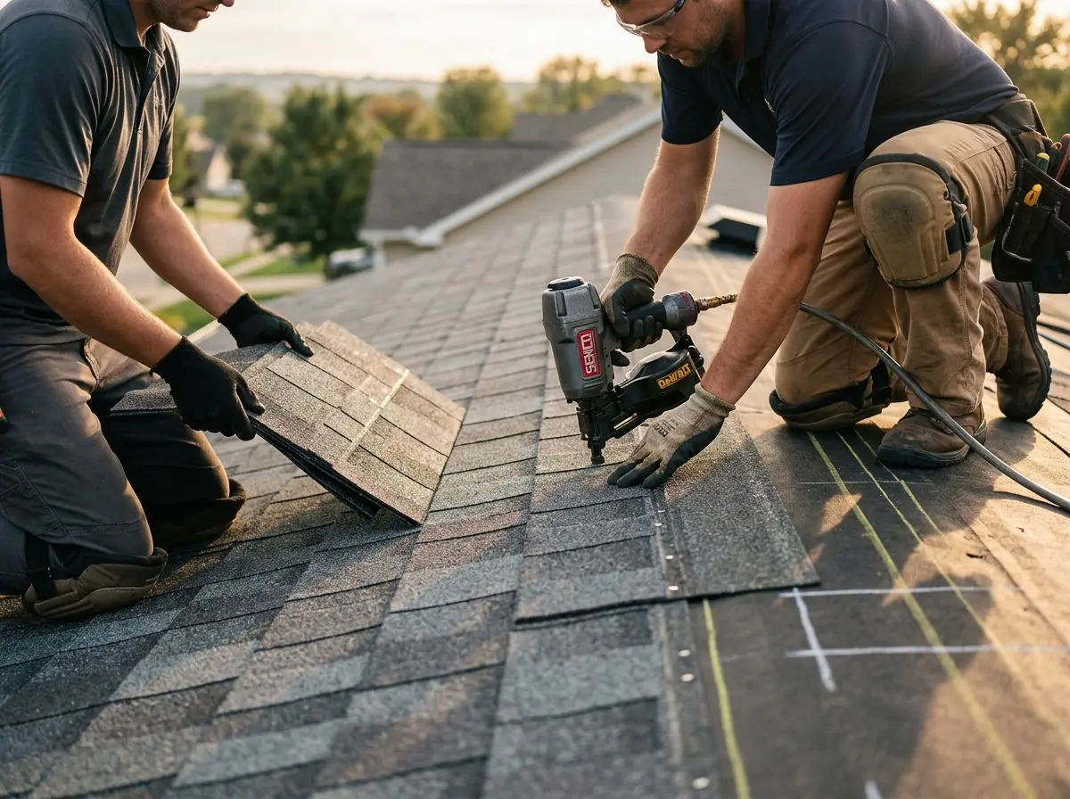 Professional roofer working on a residential roof in Carbondale
